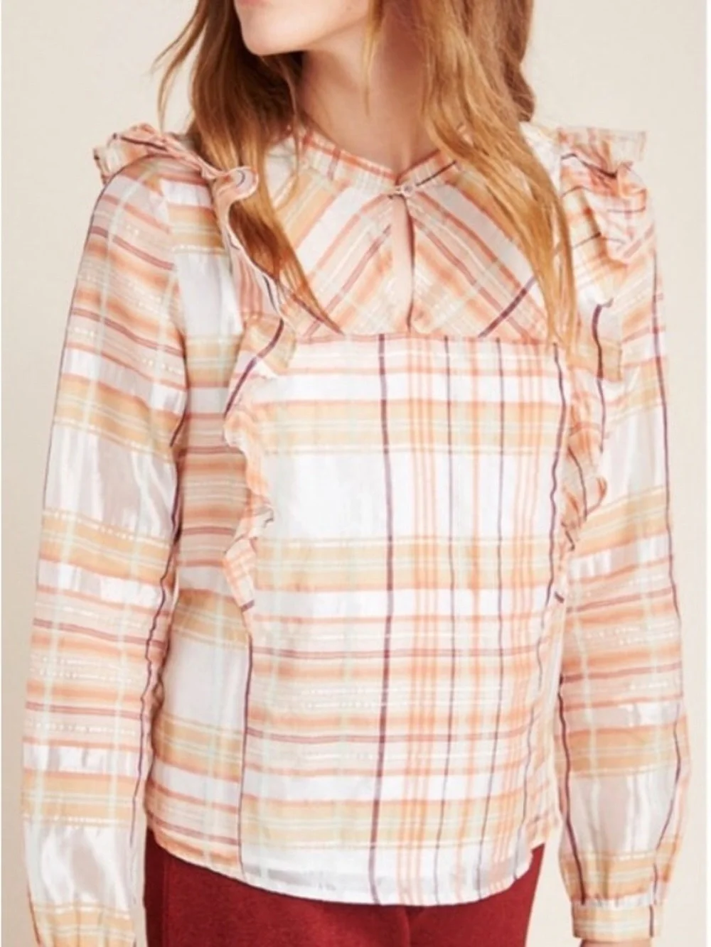Current Air | Anthro NWT Polly Plaid Ruffle Shoulder Long Sleeve Peasant Blouse - Picture 2 of 15